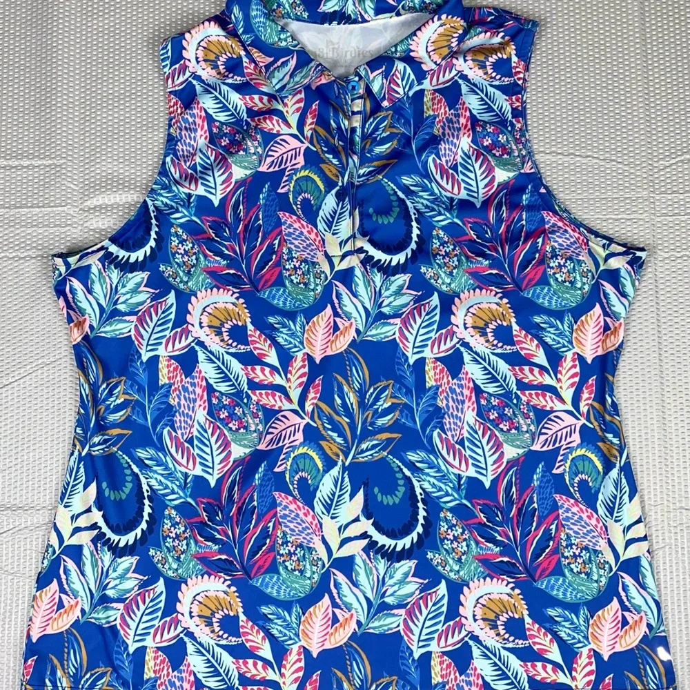 18 Birdies Polo Shirt Womens Large Blue Floral Paisley‎ Sleeveless Golf Stretch